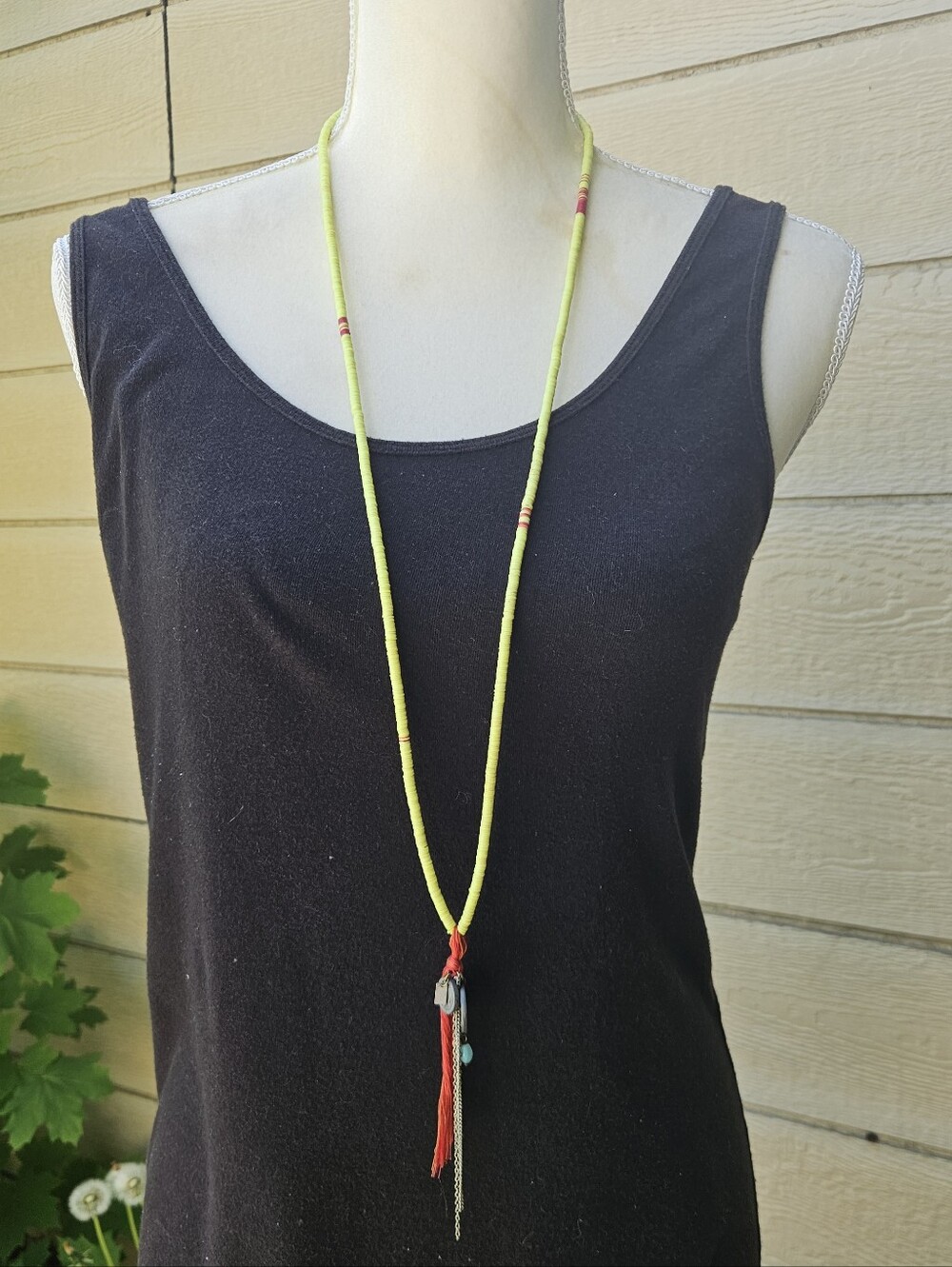 Chan Luu bright yellow long heishi necklace with red blue silver tone accents